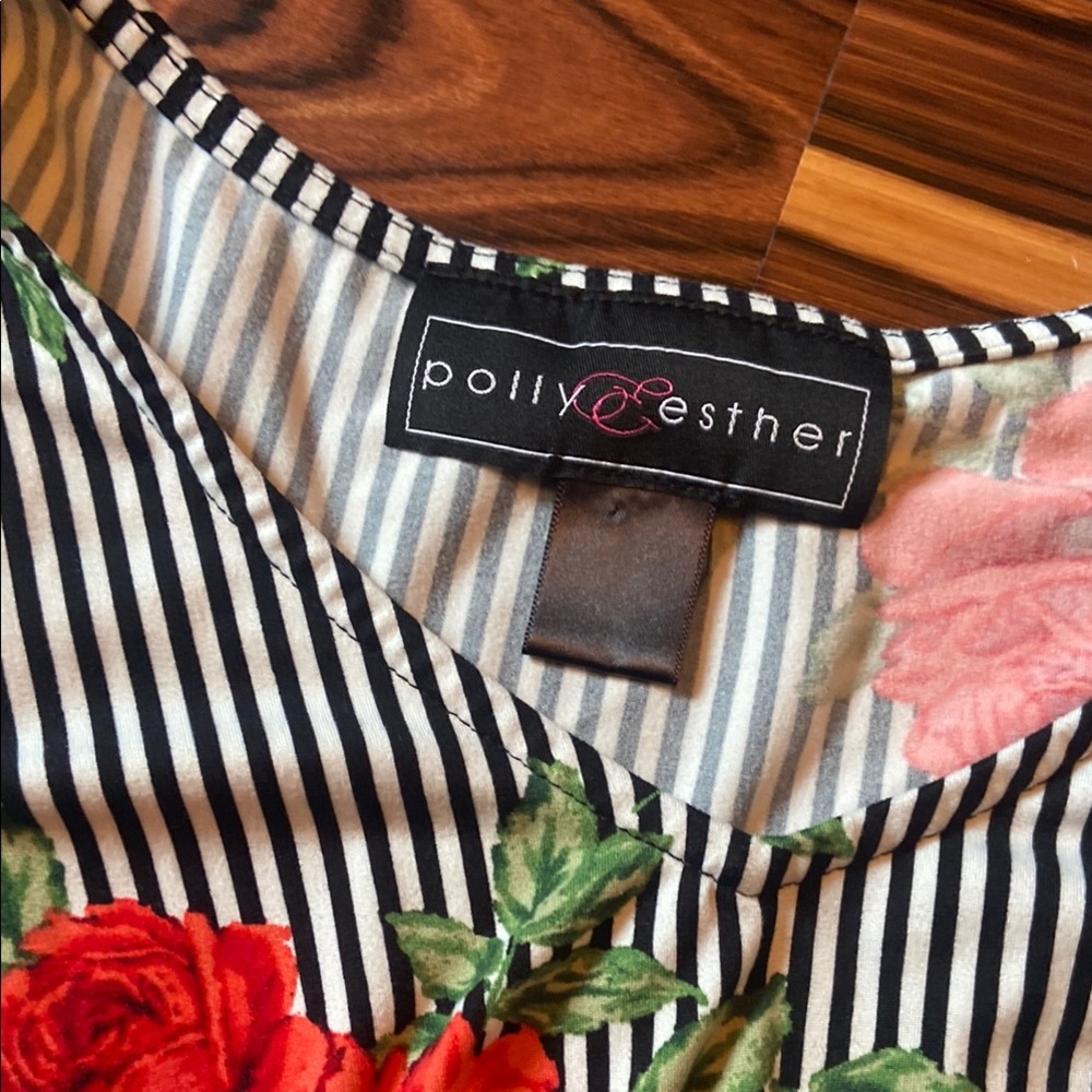 Polly & Esther Black and White Striped Floral Top